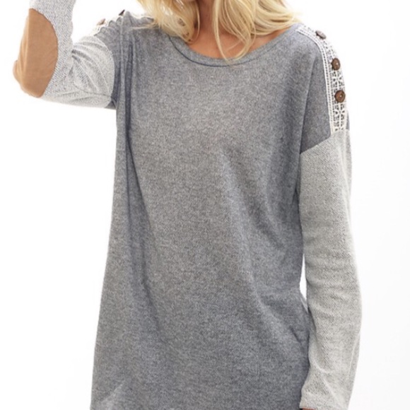 Last 1! Lace Button Shoulder Elbow Patch Tunic! - Picture 2 of 6